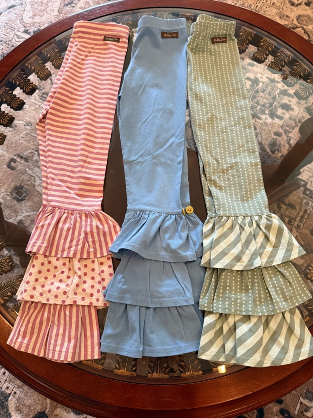 Matilda Jane Ruffle Tiered Leggings in Pink, Blue & Green